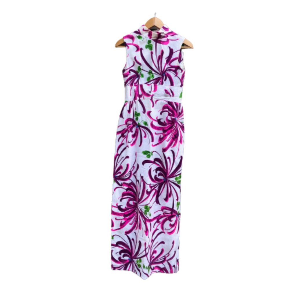 Vintage 60s Evelyn Margolis Hawaiian Floral Barkcloth Formal Maxi Dress XXS/XS - Picture 8 of 17
